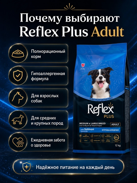 Reflex Plus Medium Large Adult Dog Salmon, 12 кг
