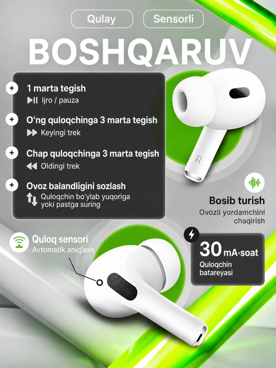 Simsiz quloqchinlar Air Pro 2 Premium, sensorli bluetooth naushnik iPhone va Android uchun
