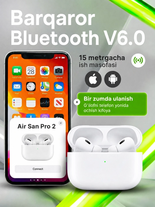 Simsiz quloqchinlar Air Pro 2 Premium, sensorli bluetooth naushnik iPhone va Android uchun