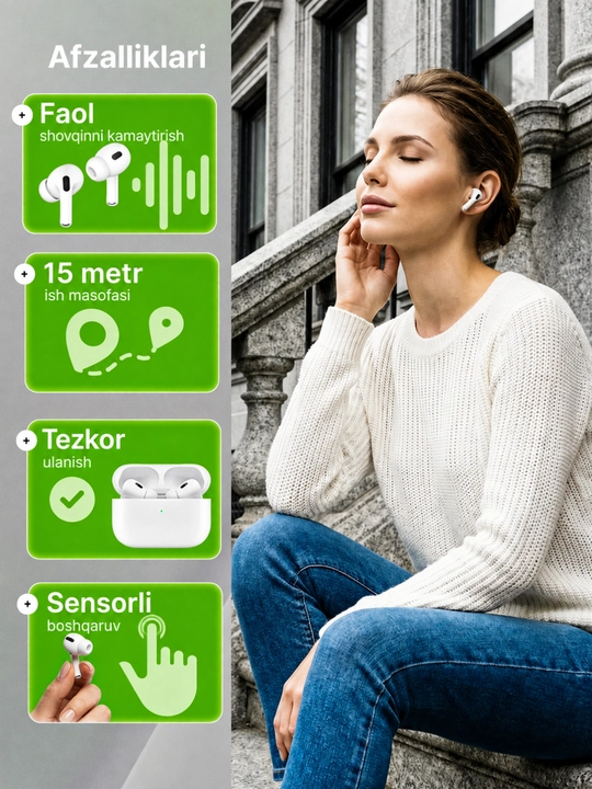Simsiz quloqchinlar Air Pro 2 Premium, sensorli bluetooth naushnik iPhone va Android uchun