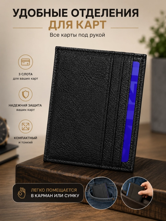 Erkaklar uchun ixcham karta g‘ilofi, bank kartalari va vizitkalar uchun
