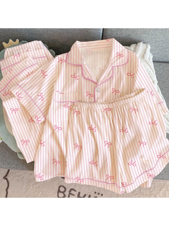Ayollar uchun 3 qismli pijama to‘plami: ko‘ylak, shortik va shim