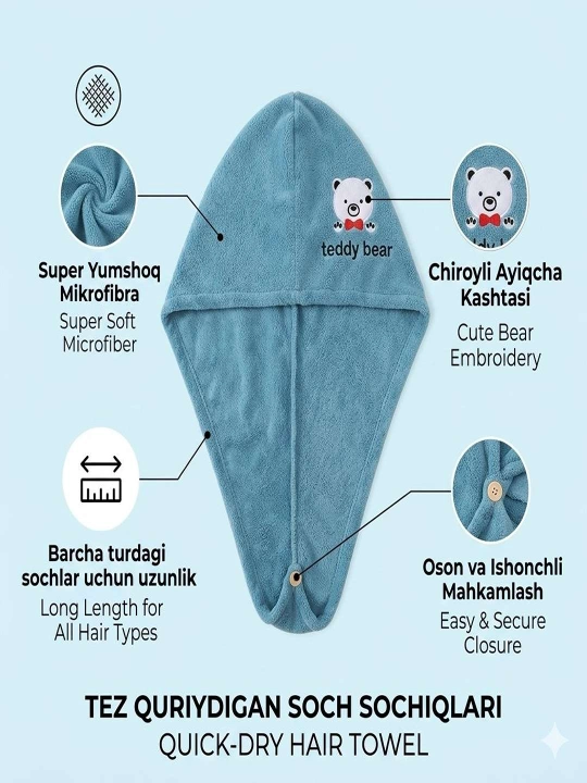 Soch quritish uchun mikrofibrali sochiq-turban,mahkamlash, tez nam yutuvchi