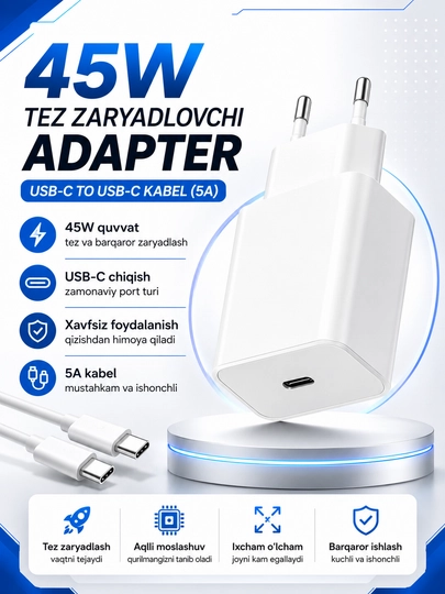 Adapteri, zaryadlovchi qurilma 45WT/Vatt pd tez zaryadlovchi Type-C 5A kabel bilan - 