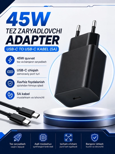 Adapteri, zaryadlovchi qurilma 45WT/Vatt pd tez zaryadlovchi Type-C 5A kabel bilan - 