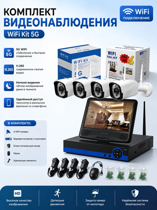 Комплект видеонаблюдения, WiFi набор на 8 камер, NVR с монитором, H.265