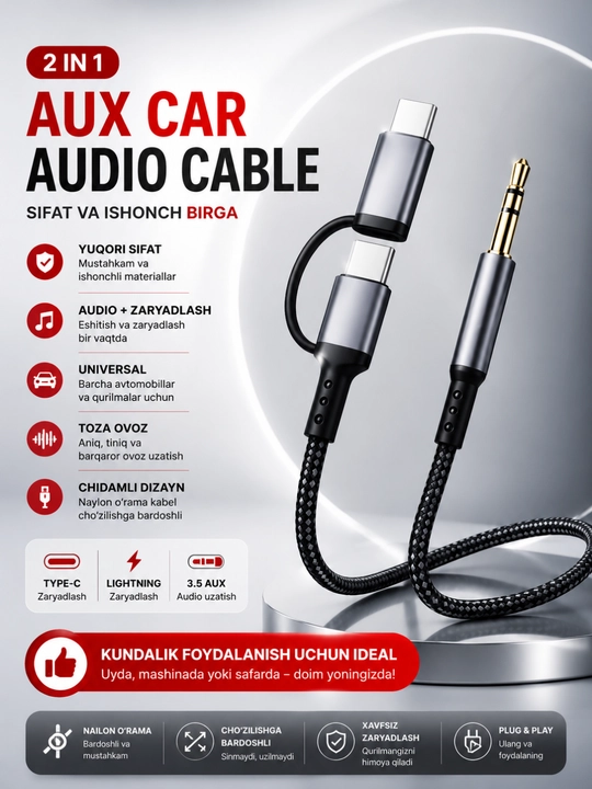 HiFiovozlivaishonchliulanishimkoniyatigaegaavtomobiluchun35mmliAUX kabeli Type-C2 ta1 da - 