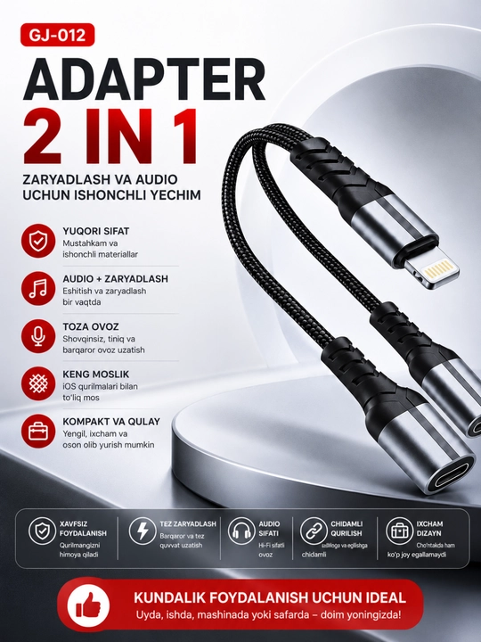 Lightning 2-in-1 audio va zaryadlash adapteri – musiqa tinglash va tezkor quvvatlash - 