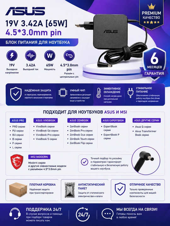 Asus noutbuklari uchun Premium quvvat adapteri 19V 3.42A 65W, 4.5×3.0 mm pin (ADP-65DW A) - 
