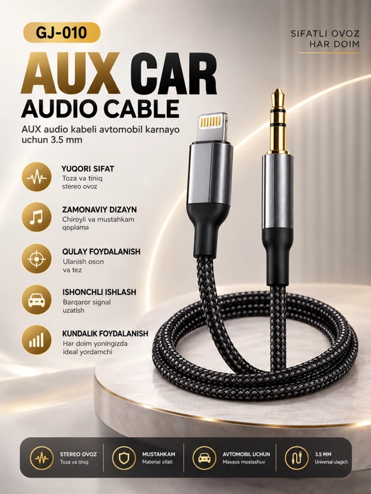Lightning to 3.5 mm AUX Audio Kabeli iPhone uchun Avtomobil Audio Ulanish Kabeli - 