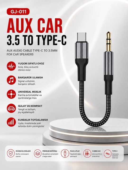 Avtomobil uchun USB Type-C - AUX 3.5 mm kabeli Hi-Fi stereo audio kabeli - 