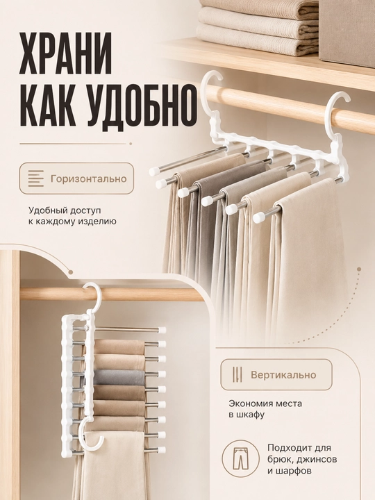 Вешалка-органайзер для брюк 5 в 1, вертикальное и горизонтальное хранение - 