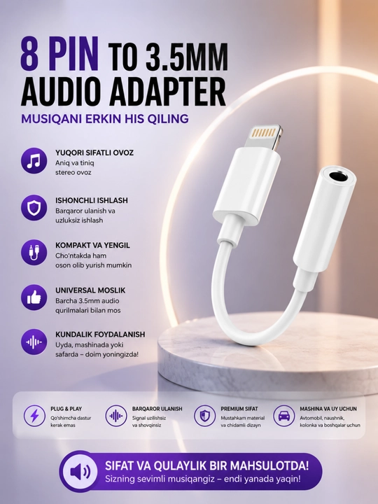 IPhone 8 Pin dan 3.5 mm Audio Adapteri – Tiniq Ovoz va Barqaror Ulanish Kabeli - 