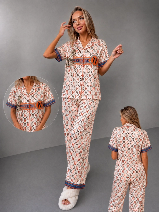 Ayollar uchun klassik pijama komplekti — ko‘ylak va uzun shim, 2 talik