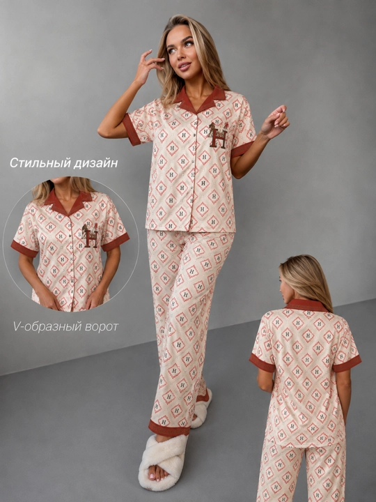 Ayollar uchun klassik pijama komplekti — ko‘ylak va uzun shim, 2 talik