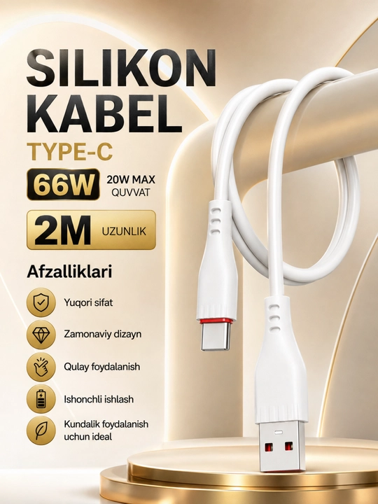 2 metrlik USB Type-C 66W silikon kabeli — tez quvvatlanadi va barqaror ma’lumot uzatadi - 