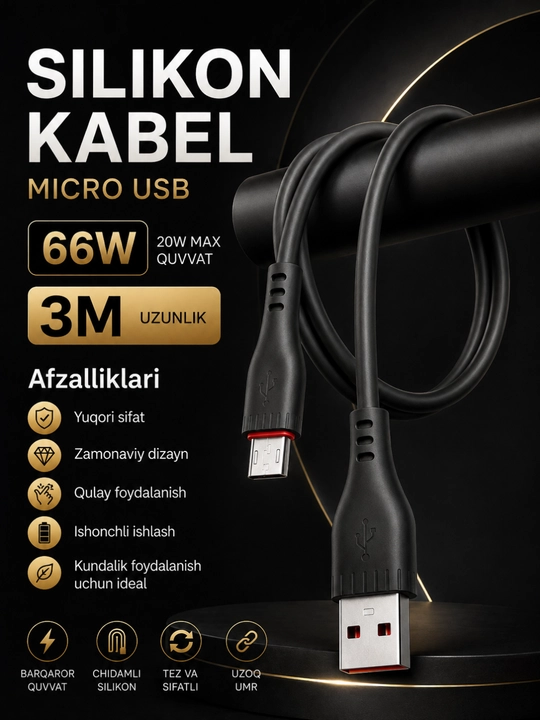 Inomitu Micro USB kabel 66W 3 metr -tez quvvatlash va ma’lumot uzatish uchun silikon kabel - 