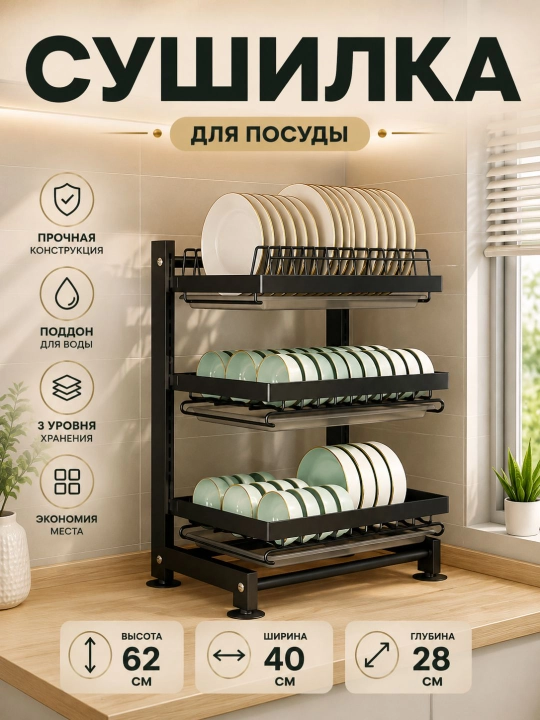 3-ярусный держатель для сушки посуды, сушилка с подносом, регулируемая кухонная раковина - 