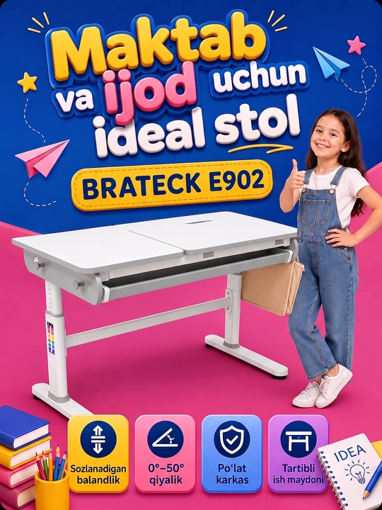 Bolalar yozuv stoli E902, balandligi sozlanadigan, qiya stol usti va organayzerga ega - 
