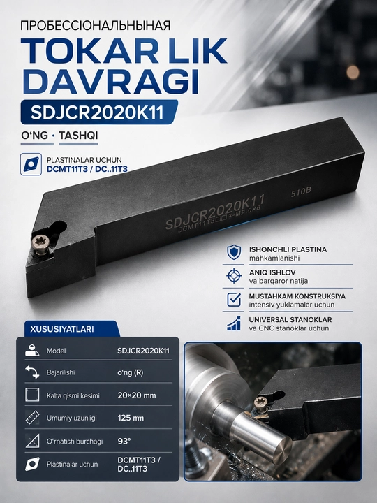 Державка токарная SDJCR2020K11, 20×20 мм, 93°, под DCMT11T3