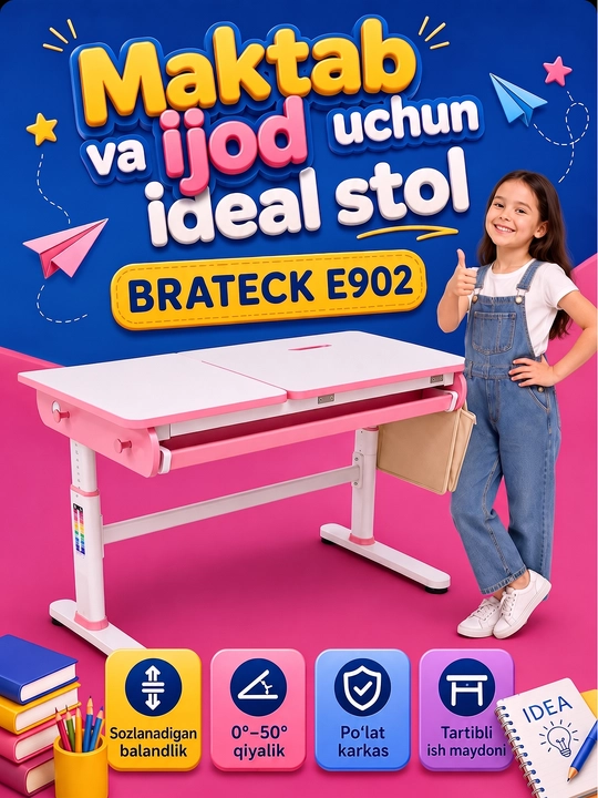 Bolalar yozuv stoli E902, balandligi sozlanadigan, qiya stol usti va organayzerga ega - 