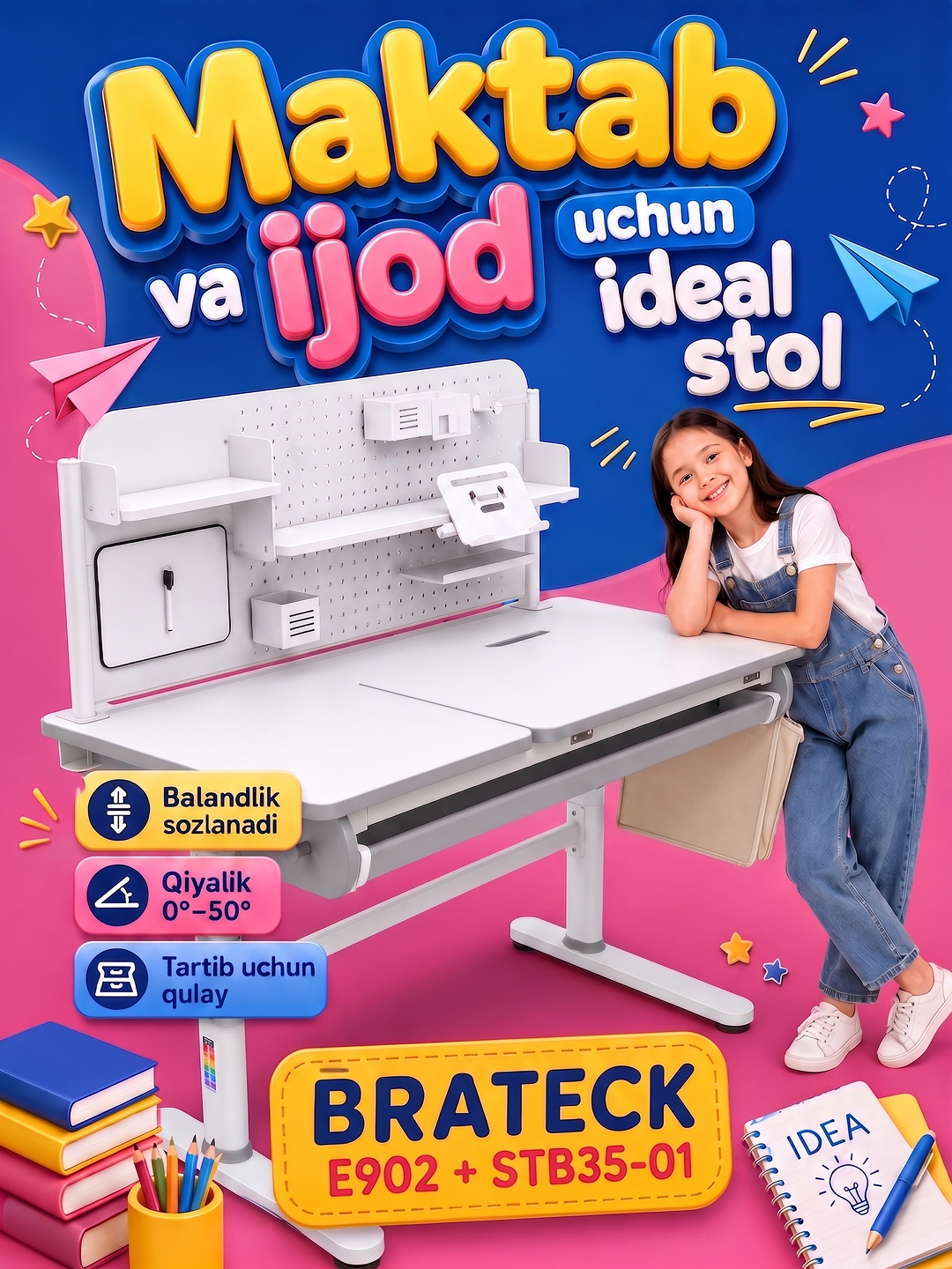 Bolalar yozuv stoli E902, balandligi sozlanadigan, qiya stol usti va organayzerga ega - 