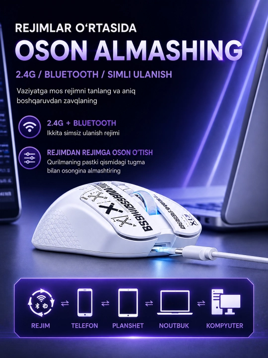 AULA SC580 SE simsiz o‘yin sichqonchasi, 10 000 DPI, Bluetooth / 2.4 GHz / simli, 500 mAh