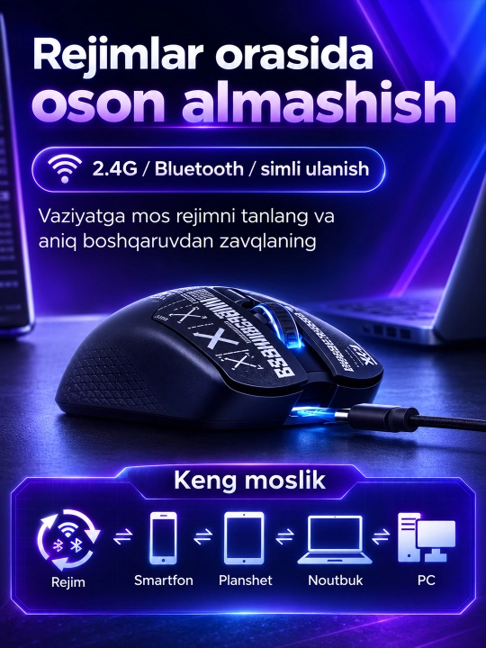 AULA SC580 SE simsiz o‘yin sichqonchasi, 10 000 DPI, Bluetooth / 2.4 GHz / simli, 500 mAh