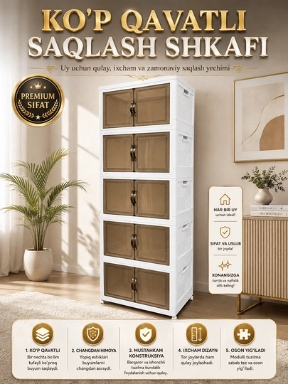 G‘ildirakli, eshikli, ko‘p qavatli plastik saqlash shkafi, organayzer-komod 65*40*180sm - 