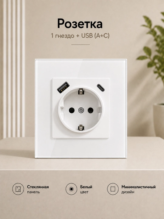 Розетка с USB-A и USB-C, 1 гнездо, стеклянная панель - 