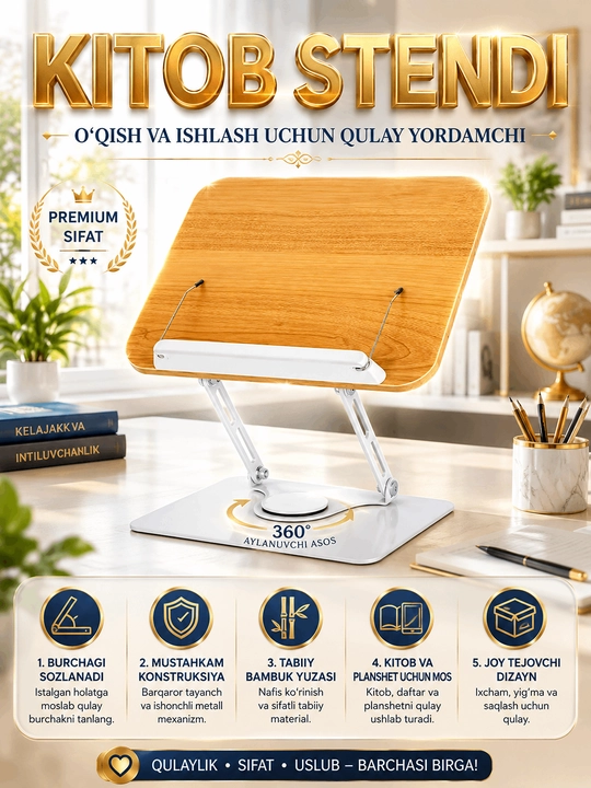 Kitoblar uchun 360° 22*29,7 sm burilish imkoniyatiga ega yig‘ma yog‘och taglik - 