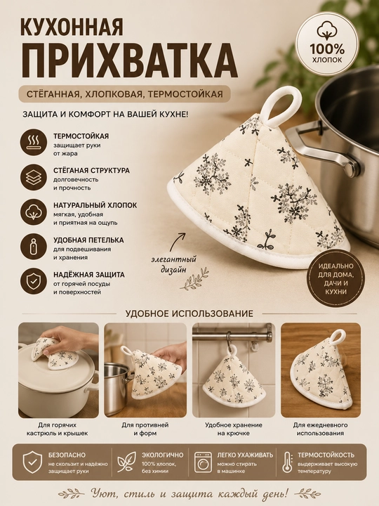 Oshxona tutqichi, qavilgan, paxta, issiqqa chidamli, ilmoqli - 