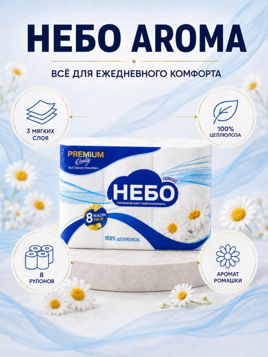 NEBO Aroma hojatxona qog‘ozi, 3 qavatli, moychechak iforli, 100% sellyuloza, 8 dona
