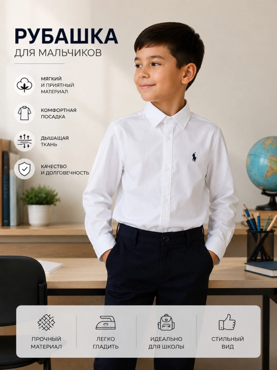 O‘g‘il bolalar uchun oq maktab ko‘ylagi. Paxta. Nafas oluvchi mato - 
