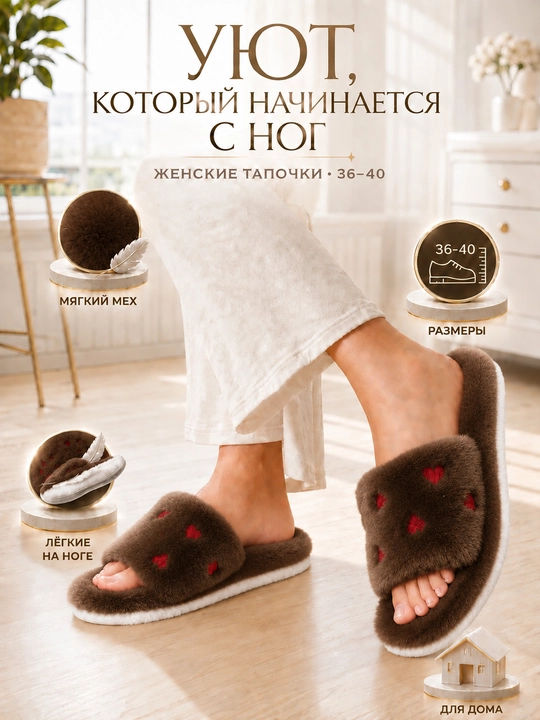 Женские домашние тапочки / женские тапочки для дома / меховые тапочки - 
