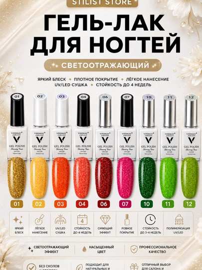 VINIMAY 15 ml UV/LED yorug‘lik qaytaruvchi shimmerli va yorqin jiloli tirnoq gel-laki - 
