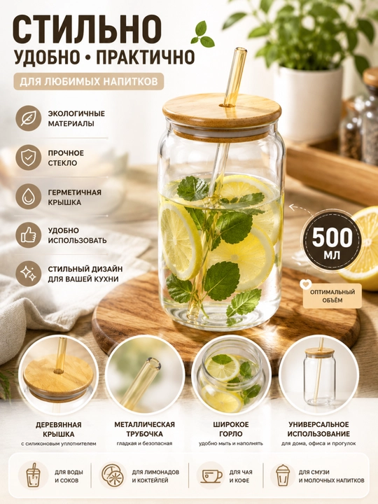 500 ml hajmli shisha banka-stakan, yog‘och qopqoq va ichimliklar uchun naycha bilan
