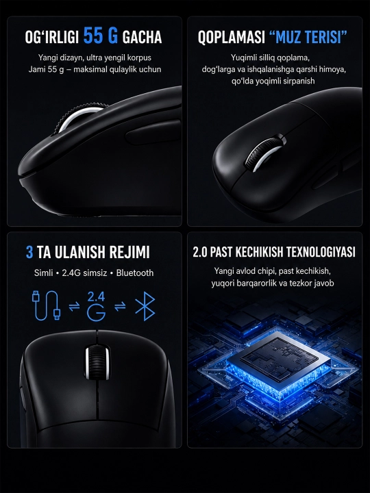 HYH PRO V6+ simsiz o‘yin sichqonchasi, 12800 DPI, 1000 Hz