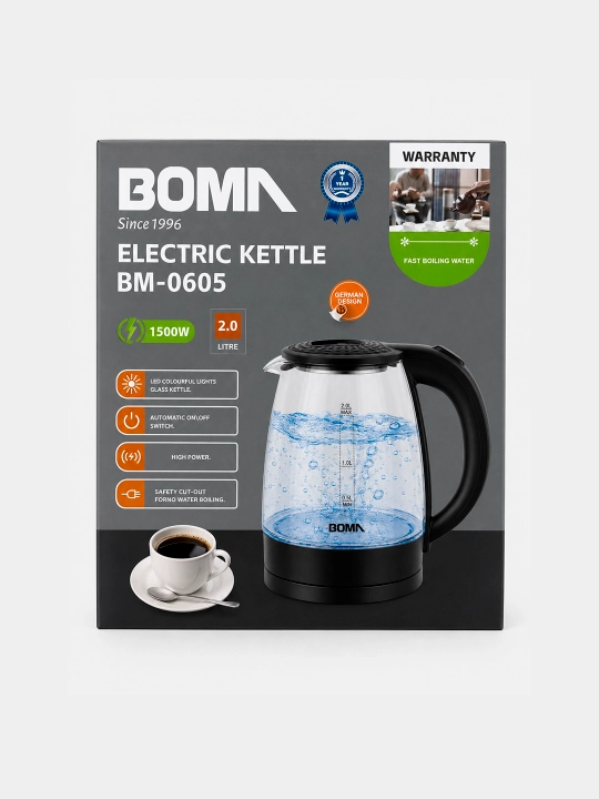 Elektr choynaglar BOMA 1500Vt, shisha, po'lat va sensorli displey 2-2,5 litr, LED va 360°