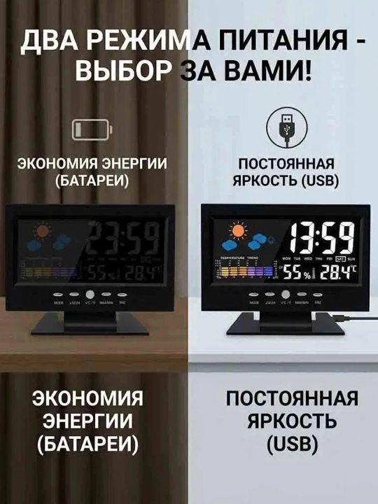 Электронные часы с температурой, влажностью, календарем и будильником