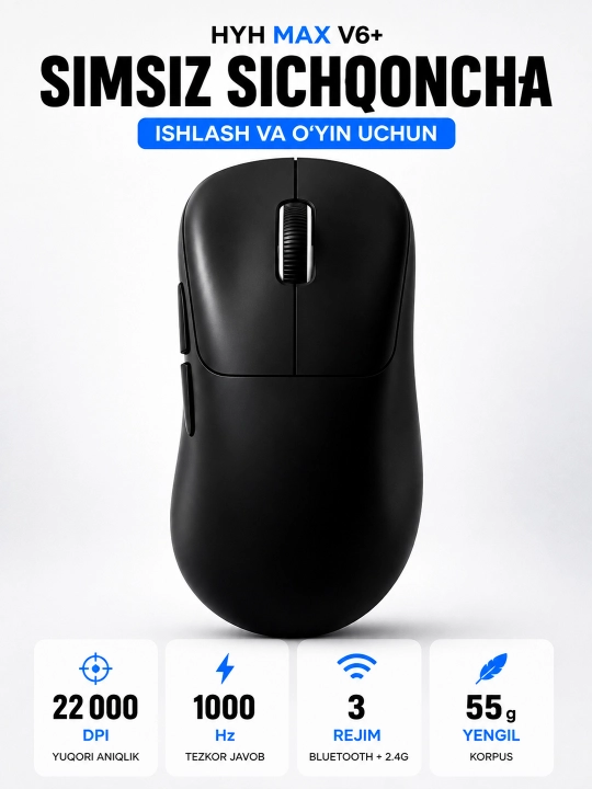 Беспроводная мышь HYH MAX V6+ Bluetooth + 2.4G, 22000 DPI, 1000 Гц, 55 г - 