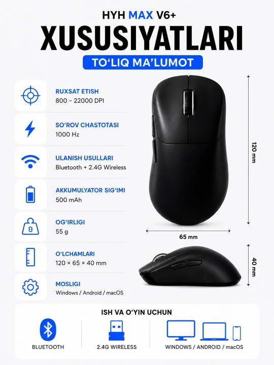 HYH MAX V6+ simsiz sichqoncha Bluetooth + 2.4G, 22000 DPI, 1000 Hz, 55 g