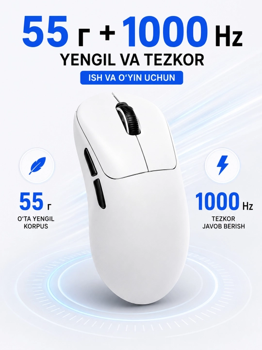 HYH MAX V6+ simsiz sichqoncha Bluetooth + 2.4G, 22000 DPI, 1000 Hz, 55 g