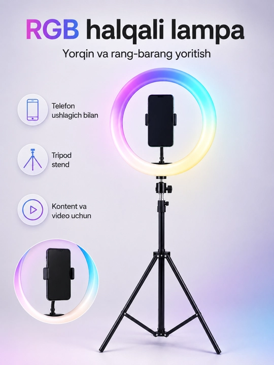 Shtativli LED halqa selfi-lampa, 26–36 sm, 3 ta yoritish rejimi, foto va video uchun - 