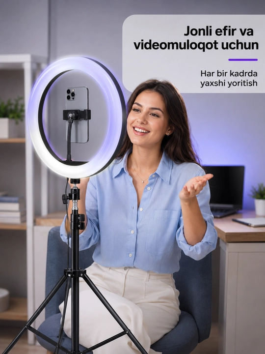 Shtativli LED halqa selfi-lampa, 26–36 sm, 3 ta yoritish rejimi, foto va video uchun