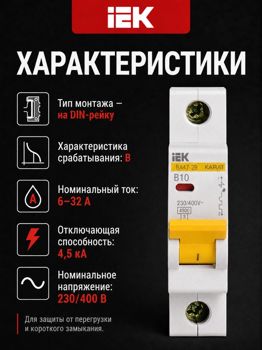 Автоматический выключатель IEK ВА47-29 1P 6-32А, характеристика B, 4,5 кА