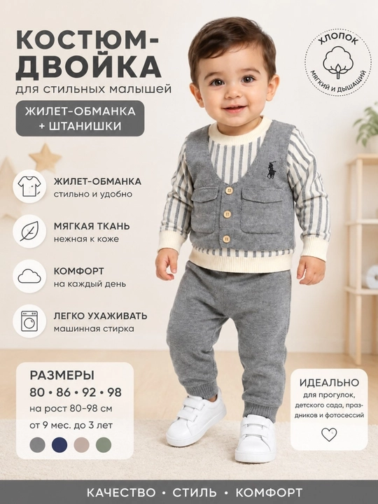 Детская двойка, вязаная детская одежда, детский комплект, комплект одежды, детский двойка - 