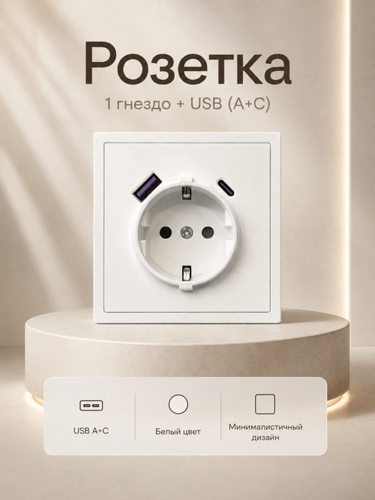 Электрическая розетка с USB-A и USB-C - 