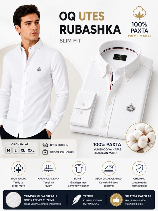 Мужская рубашка OQ POLO, UTES, GOFRA, TOMMY, Slim Fit, белая, M–XXL