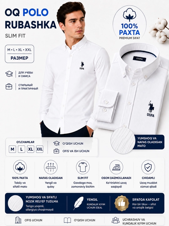 Erkaklar ko‘ylagi, OQ POLO, UTES, GOFRA, TOMMY, Slim Fit, oq, M–XXL